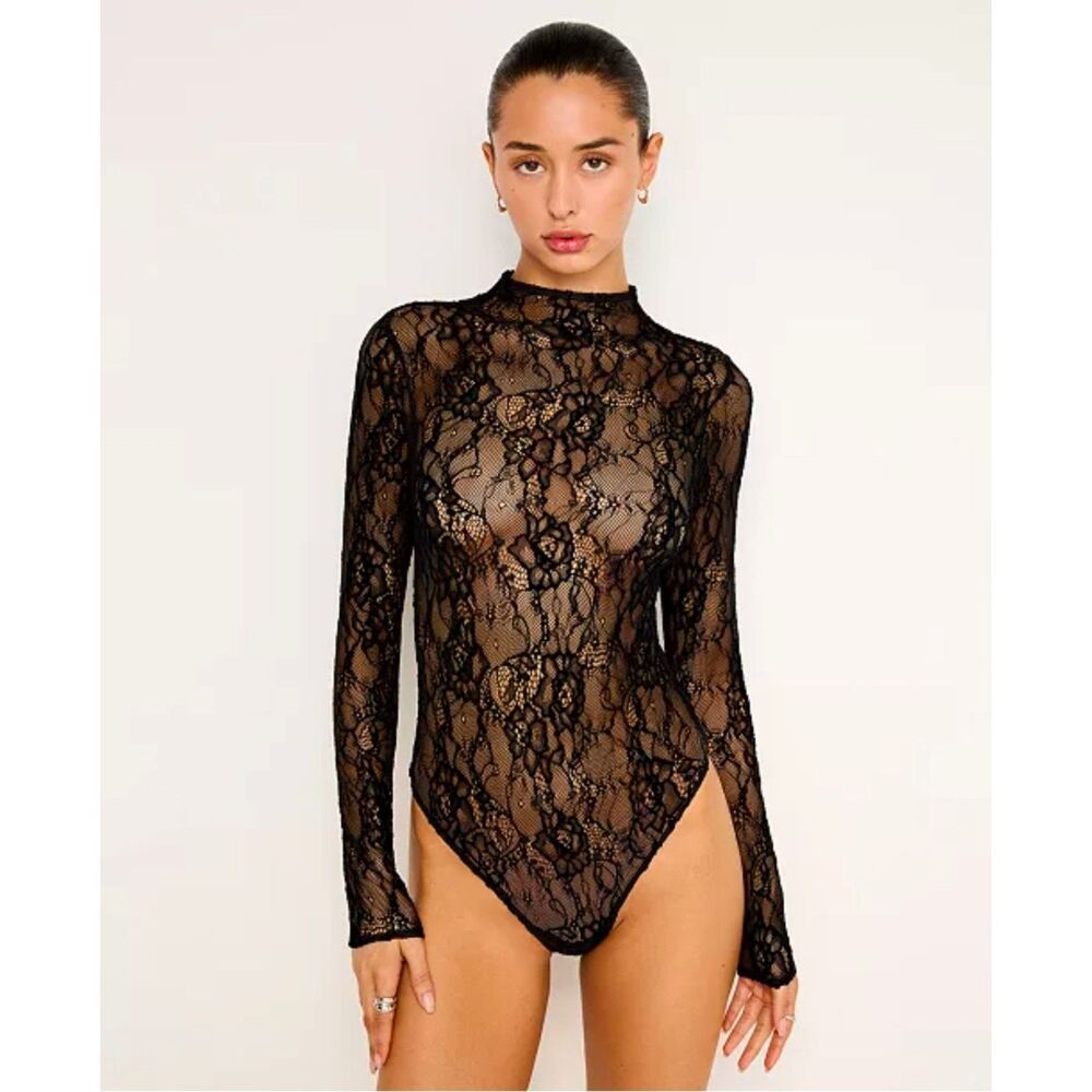 Good American Black Lace Mock Neck Bodysuit Size M NWT